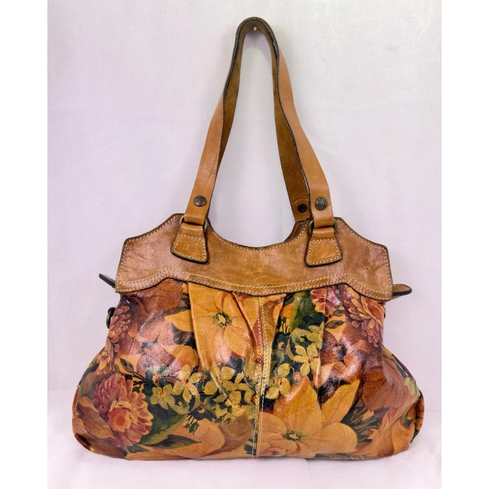 Patricia Nash Enlightened Garden Floral Leather Shoulder Bag Satchel Pleated GUC